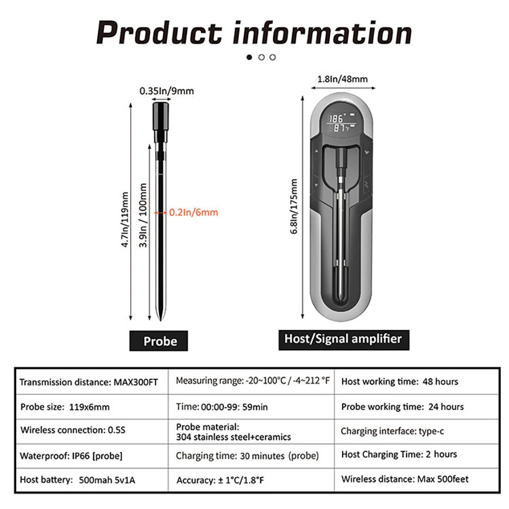 (image for) -4°F to 212°F Bluetooth Wireless Meat Steak Food Electronic Thermometer Grill Probe Smart Meat Food Kitchen Wireless Grill Thermometer