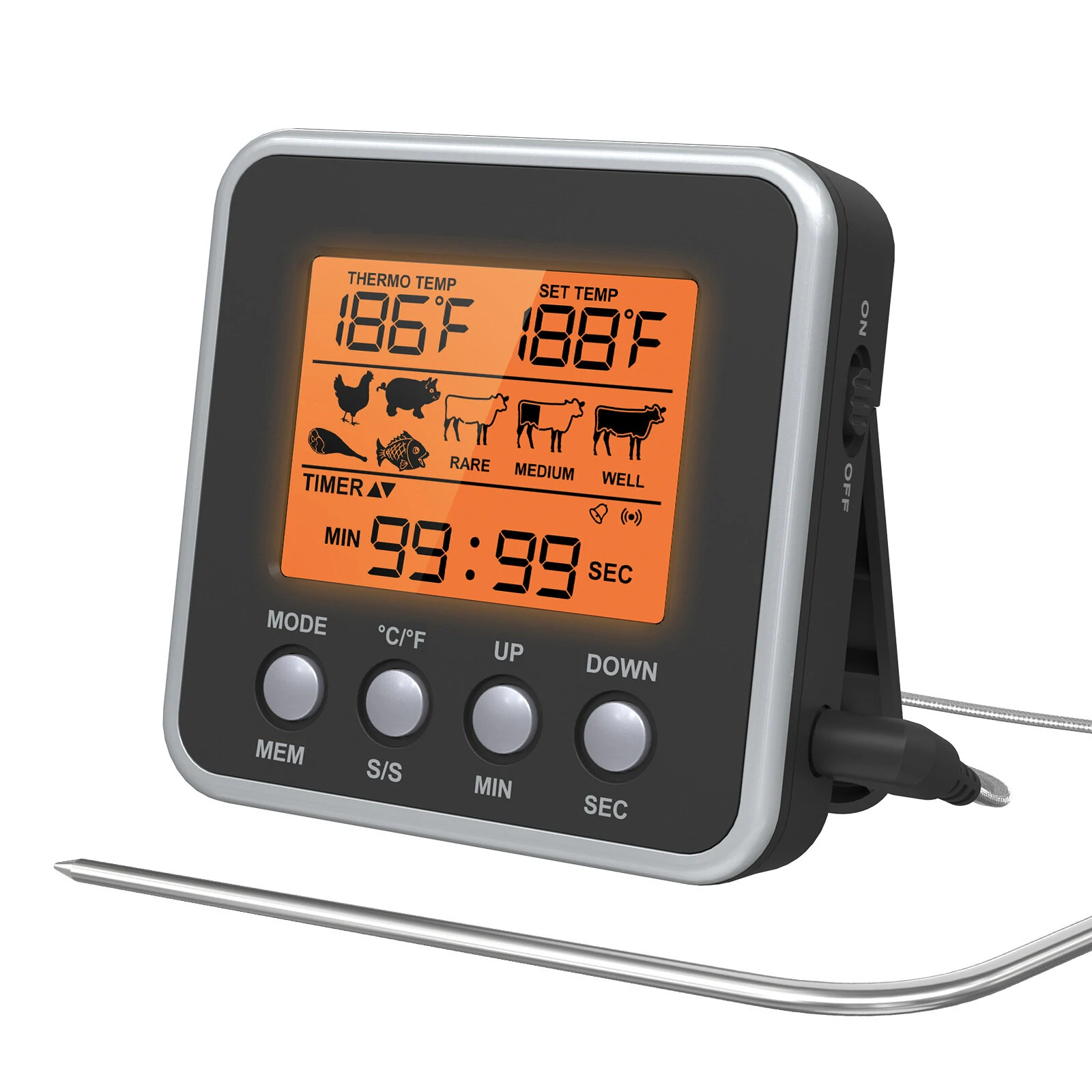 (image for) AGSIVO Digital Food Oven Meat Thermometer With Probe Timer Alert Backlight Outdoor Grill Cook Barbecue Kitchen Cooking BBQ Thermometer