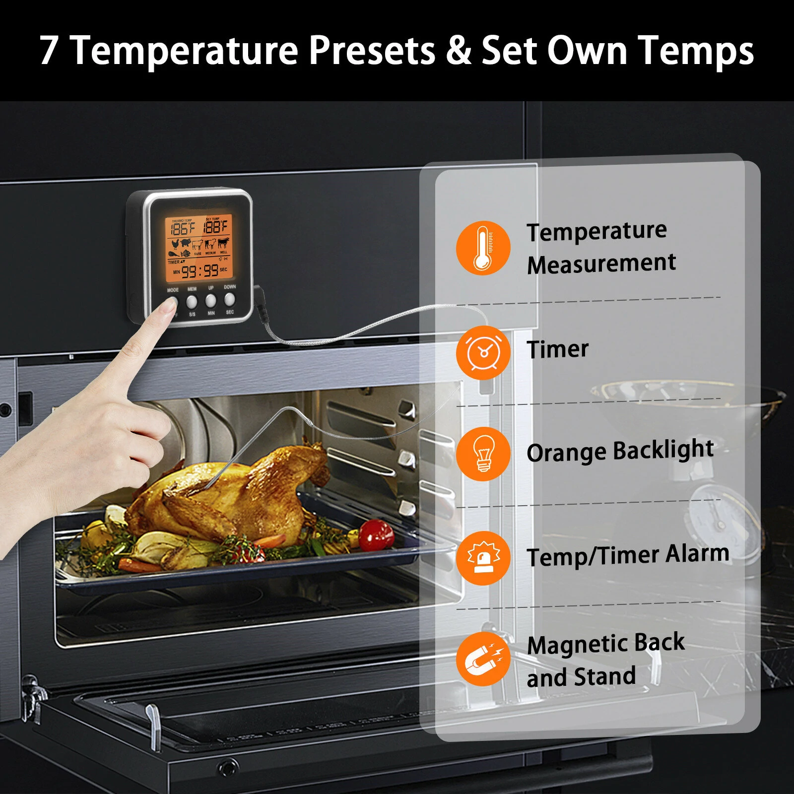 (image for) AGSIVO Digital Food Oven Meat Thermometer With Probe Timer Alert Backlight Outdoor Grill Cook Barbecue Kitchen Cooking BBQ Thermometer