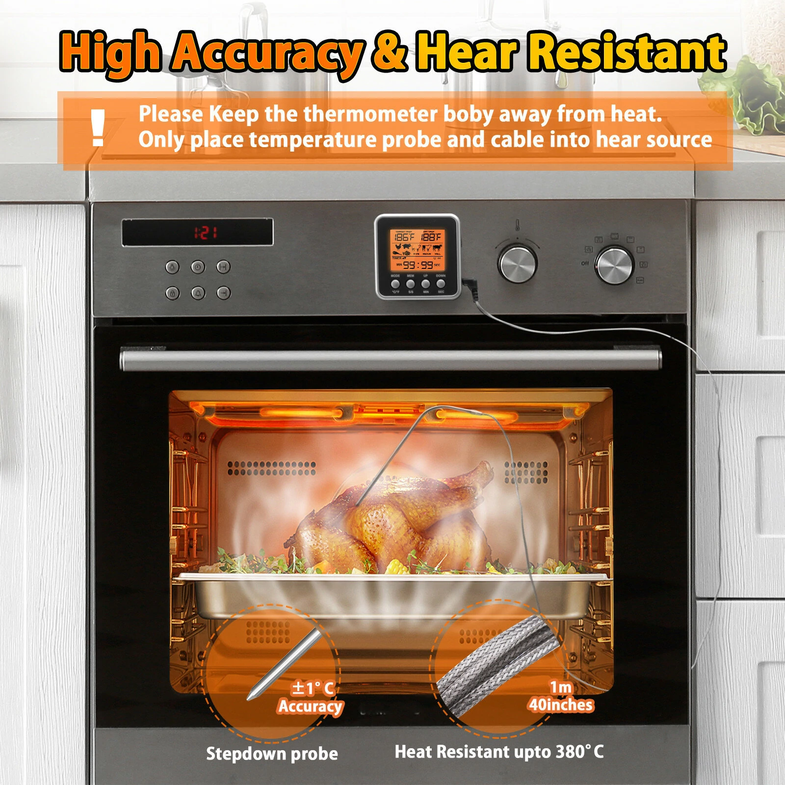 (image for) AGSIVO Digital Food Oven Meat Thermometer With Probe Timer Alert Backlight Outdoor Grill Cook Barbecue Kitchen Cooking BBQ Thermometer
